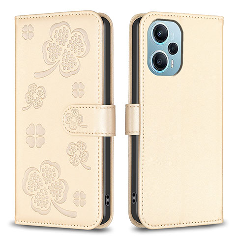 Coque Portefeuille Fleurs Livre Cuir Etui Clapet BF1 pour Xiaomi Redmi Note 12 Turbo 5G Or