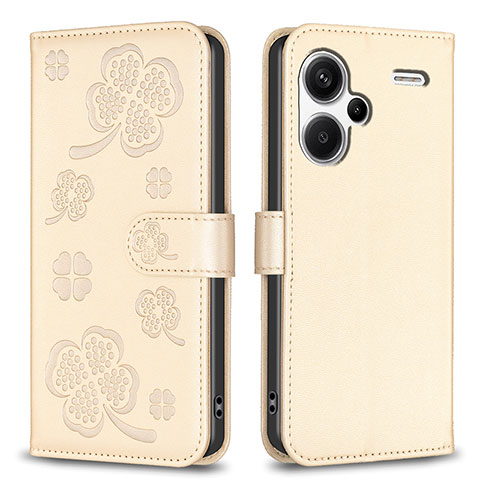 Coque Portefeuille Fleurs Livre Cuir Etui Clapet BF1 pour Xiaomi Redmi Note 13 Pro+ Plus 5G Or