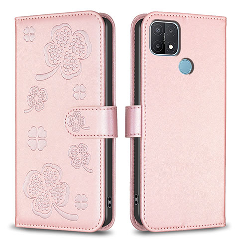 Coque Portefeuille Fleurs Livre Cuir Etui Clapet BF2 pour Oppo A15 Or Rose