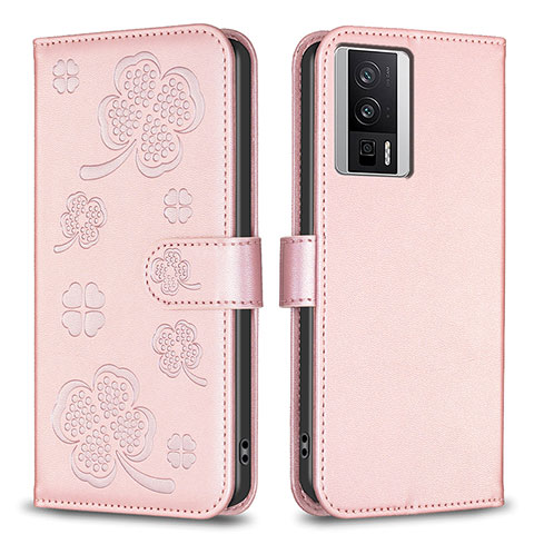 Coque Portefeuille Fleurs Livre Cuir Etui Clapet BF2 pour Xiaomi Poco F5 Pro 5G Or Rose