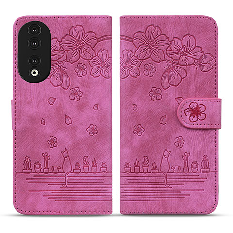 Coque Portefeuille Fleurs Livre Cuir Etui Clapet HF1 pour Huawei Honor 90 5G Rose Rouge