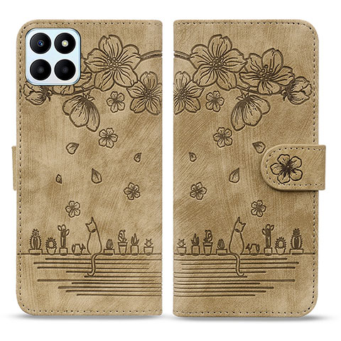 Coque Portefeuille Fleurs Livre Cuir Etui Clapet HF1 pour Huawei Honor X8b Marron