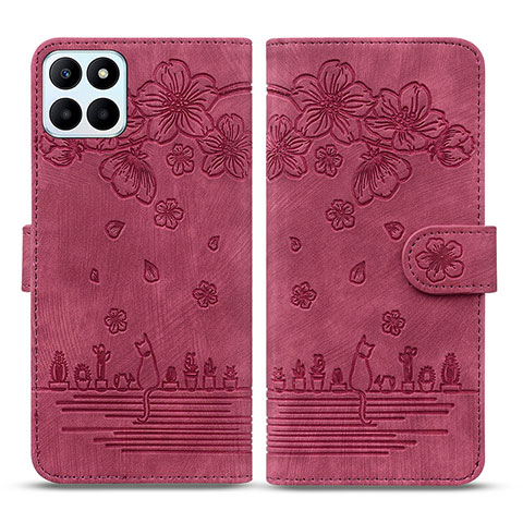 Coque Portefeuille Fleurs Livre Cuir Etui Clapet HF1 pour Huawei Honor X8b Rouge