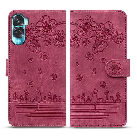 Coque Portefeuille Fleurs Livre Cuir Etui Clapet HF2 pour Huawei Honor 90 Lite 5G Rouge