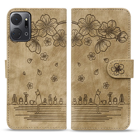 Coque Portefeuille Fleurs Livre Cuir Etui Clapet HF2 pour Huawei Honor X7a Marron