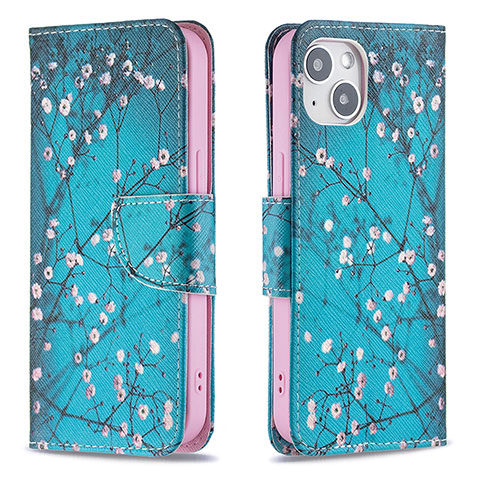 Coque Portefeuille Fleurs Livre Cuir Etui Clapet L01 pour Apple iPhone 13 Mini Cyan