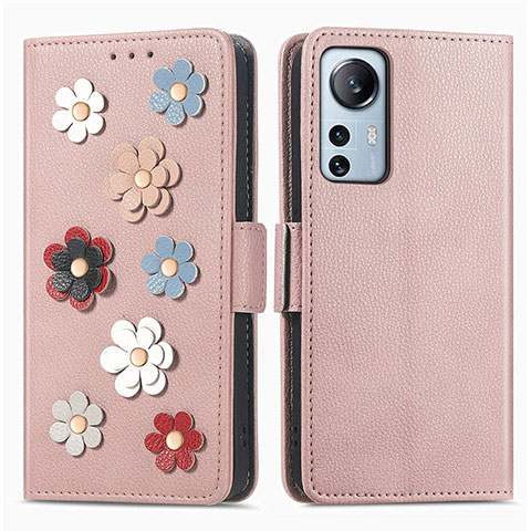 Coque Portefeuille Fleurs Livre Cuir Etui Clapet L01 pour Xiaomi Mi 12S Pro 5G Or Rose