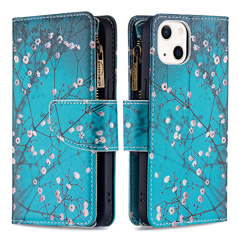 Coque Portefeuille Fleurs Livre Cuir Etui Clapet L03 pour Apple iPhone 13 Cyan