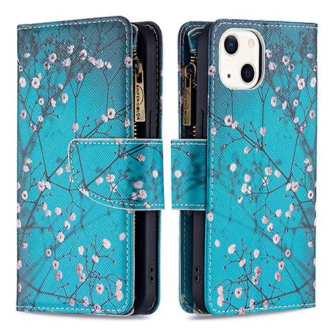 Coque Portefeuille Fleurs Livre Cuir Etui Clapet L03 pour Apple iPhone 15 Cyan