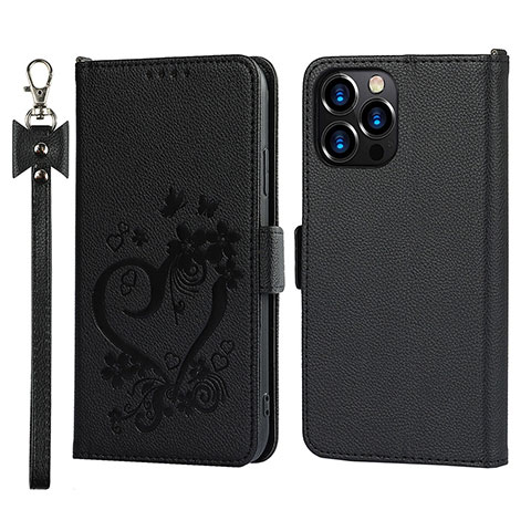 Coque Portefeuille Fleurs Livre Cuir Etui Clapet L16 pour Apple iPhone 13 Pro Max Noir