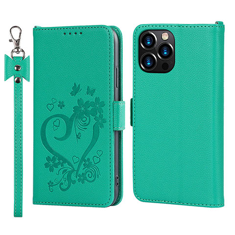 Coque Portefeuille Fleurs Livre Cuir Etui Clapet L16 pour Apple iPhone 14 Pro Max Vert