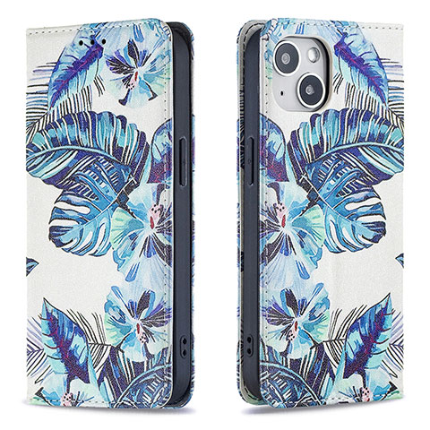 Coque Portefeuille Fleurs Livre Cuir Etui Clapet pour Apple iPhone 13 Mini Bleu