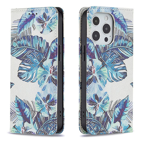 Coque Portefeuille Fleurs Livre Cuir Etui Clapet pour Apple iPhone 13 Pro Bleu