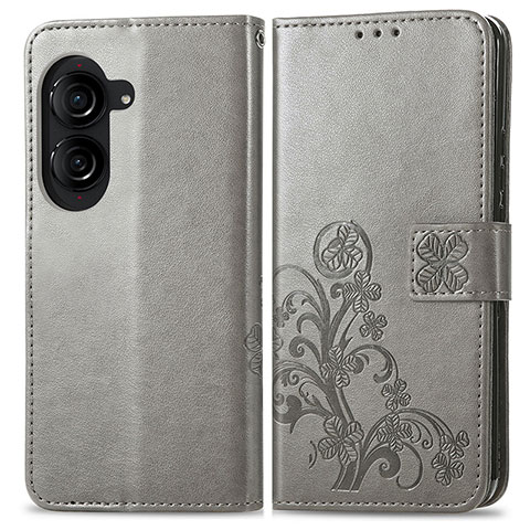 Coque Portefeuille Fleurs Livre Cuir Etui Clapet pour Asus ZenFone 10 Gris