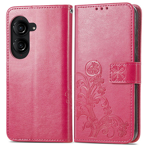 Coque Portefeuille Fleurs Livre Cuir Etui Clapet pour Asus ZenFone 10 Rose Rouge