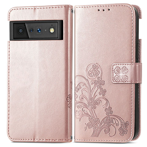 Coque Portefeuille Fleurs Livre Cuir Etui Clapet pour Google Pixel 6 Pro 5G Or Rose