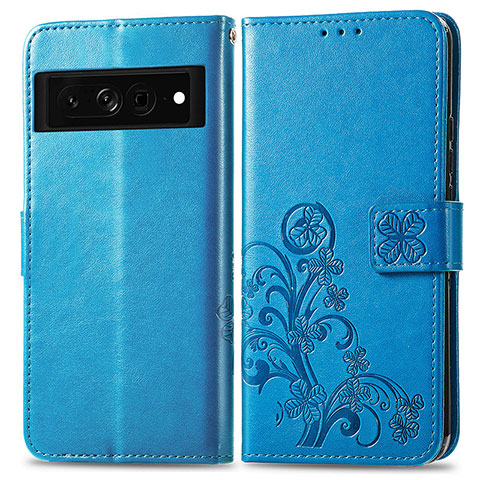 Coque Portefeuille Fleurs Livre Cuir Etui Clapet pour Google Pixel 7 Pro 5G Bleu