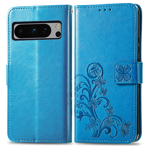 Coque Portefeuille Fleurs Livre Cuir Etui Clapet pour Google Pixel 8 Pro 5G Bleu