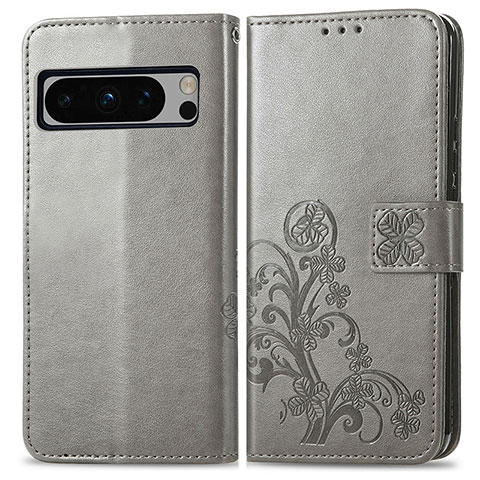 Coque Portefeuille Fleurs Livre Cuir Etui Clapet pour Google Pixel 8 Pro 5G Gris