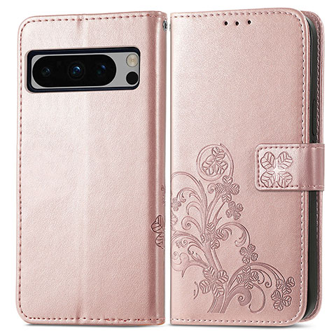 Coque Portefeuille Fleurs Livre Cuir Etui Clapet pour Google Pixel 8 Pro 5G Or Rose