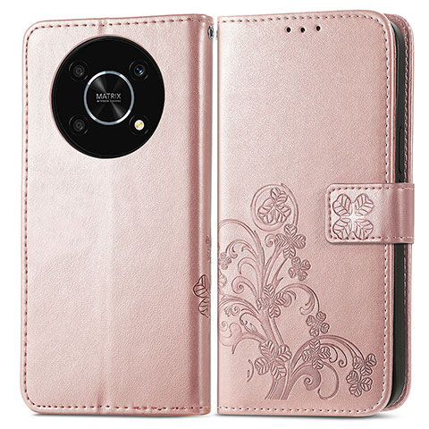 Coque Portefeuille Fleurs Livre Cuir Etui Clapet pour Huawei Enjoy 50 Pro Or Rose