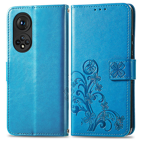 Coque Portefeuille Fleurs Livre Cuir Etui Clapet pour Huawei Honor 50 5G Bleu