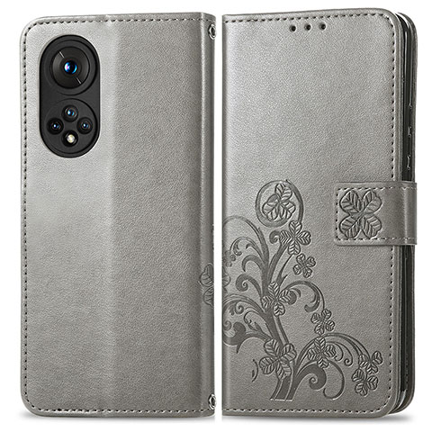 Coque Portefeuille Fleurs Livre Cuir Etui Clapet pour Huawei Honor 50 5G Gris