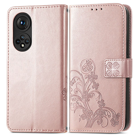 Coque Portefeuille Fleurs Livre Cuir Etui Clapet pour Huawei Honor 50 5G Or Rose