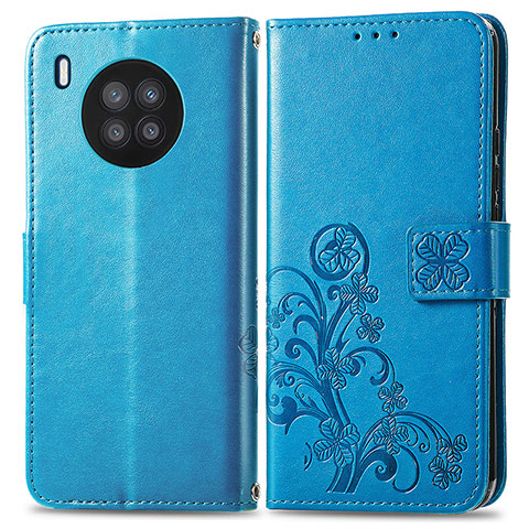 Coque Portefeuille Fleurs Livre Cuir Etui Clapet pour Huawei Honor 50 Lite Bleu