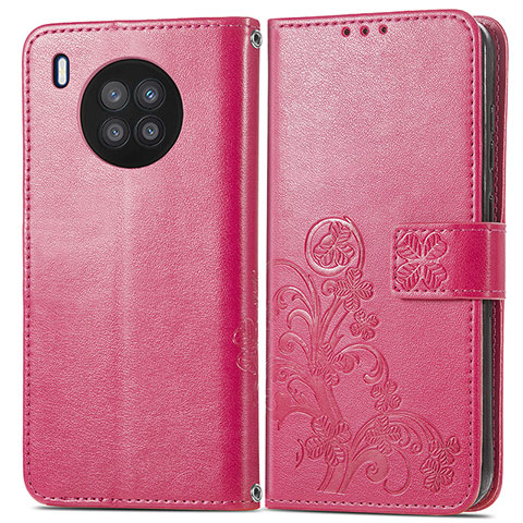 Coque Portefeuille Fleurs Livre Cuir Etui Clapet pour Huawei Honor 50 Lite Rose Rouge