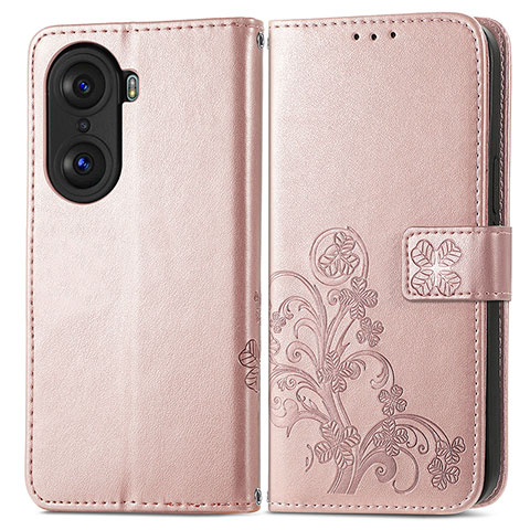 Coque Portefeuille Fleurs Livre Cuir Etui Clapet pour Huawei Honor 60 5G Or Rose