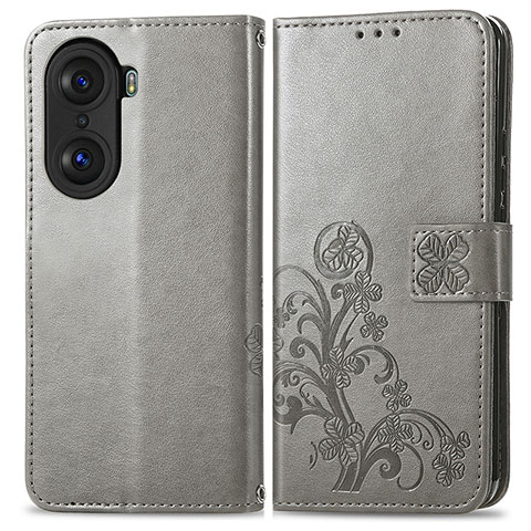 Coque Portefeuille Fleurs Livre Cuir Etui Clapet pour Huawei Honor 60 Pro 5G Gris