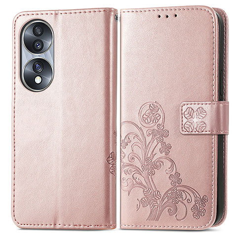 Coque Portefeuille Fleurs Livre Cuir Etui Clapet pour Huawei Honor 70 5G Or Rose