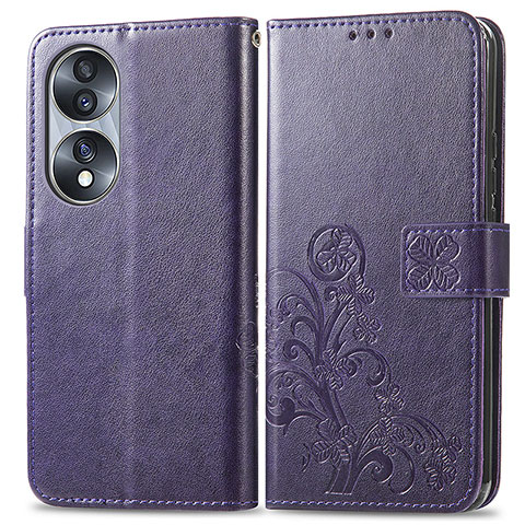 Coque Portefeuille Fleurs Livre Cuir Etui Clapet pour Huawei Honor 70 5G Violet