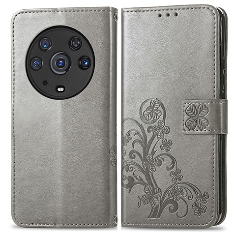 Coque Portefeuille Fleurs Livre Cuir Etui Clapet pour Huawei Honor Magic3 Pro 5G Gris