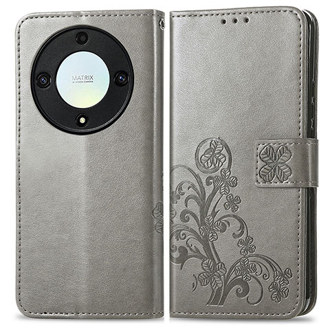 Coque Portefeuille Fleurs Livre Cuir Etui Clapet pour Huawei Honor Magic5 Lite 5G Gris