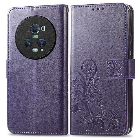 Coque Portefeuille Fleurs Livre Cuir Etui Clapet pour Huawei Honor Magic5 Pro 5G Violet