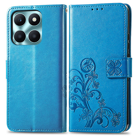 Coque Portefeuille Fleurs Livre Cuir Etui Clapet pour Huawei Honor X6a Bleu