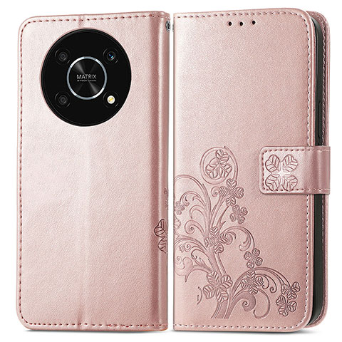 Coque Portefeuille Fleurs Livre Cuir Etui Clapet pour Huawei Honor X9 5G Or Rose