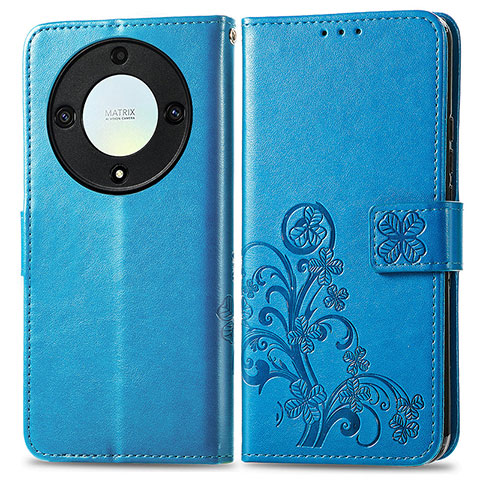 Coque Portefeuille Fleurs Livre Cuir Etui Clapet pour Huawei Honor X9a 5G Bleu