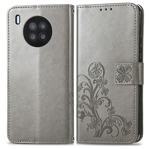 Coque Portefeuille Fleurs Livre Cuir Etui Clapet pour Huawei Nova 8i Gris