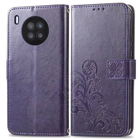 Coque Portefeuille Fleurs Livre Cuir Etui Clapet pour Huawei Nova 8i Violet