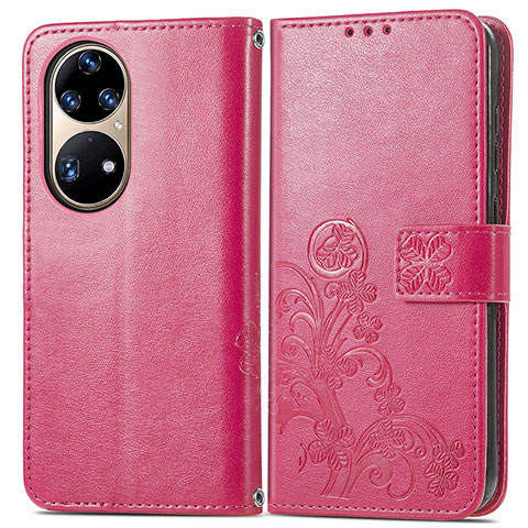 Coque Portefeuille Fleurs Livre Cuir Etui Clapet pour Huawei P50e Rouge