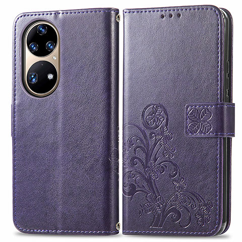 Coque Portefeuille Fleurs Livre Cuir Etui Clapet pour Huawei P50e Violet