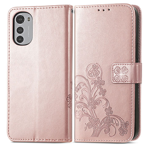 Coque Portefeuille Fleurs Livre Cuir Etui Clapet pour Motorola Moto E32 Rose