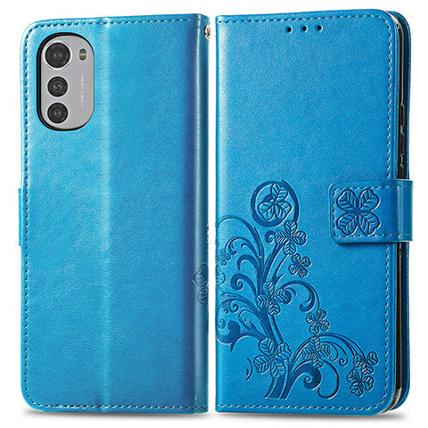 Coque Portefeuille Fleurs Livre Cuir Etui Clapet pour Motorola Moto E32s Bleu