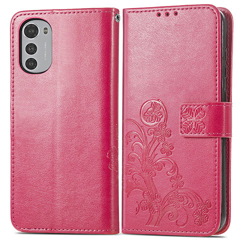 Coque Portefeuille Fleurs Livre Cuir Etui Clapet pour Motorola Moto E32s Rouge