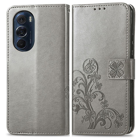 Coque Portefeuille Fleurs Livre Cuir Etui Clapet pour Motorola Moto Edge Plus (2022) 5G Gris