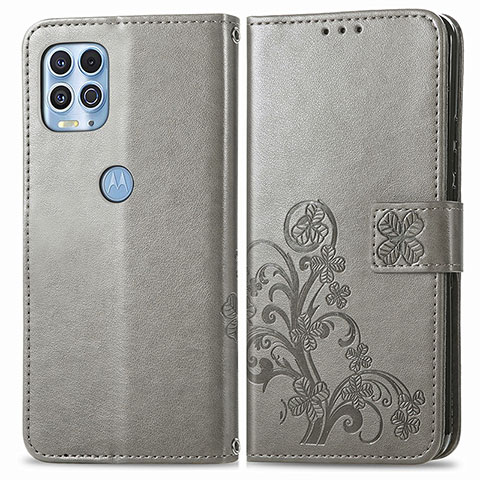 Coque Portefeuille Fleurs Livre Cuir Etui Clapet pour Motorola Moto G100 5G Gris