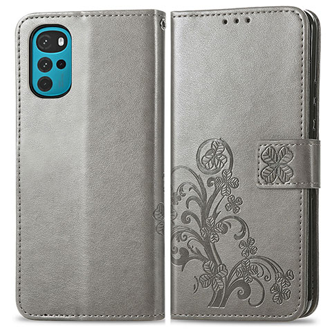 Coque Portefeuille Fleurs Livre Cuir Etui Clapet pour Motorola Moto G22 Gris